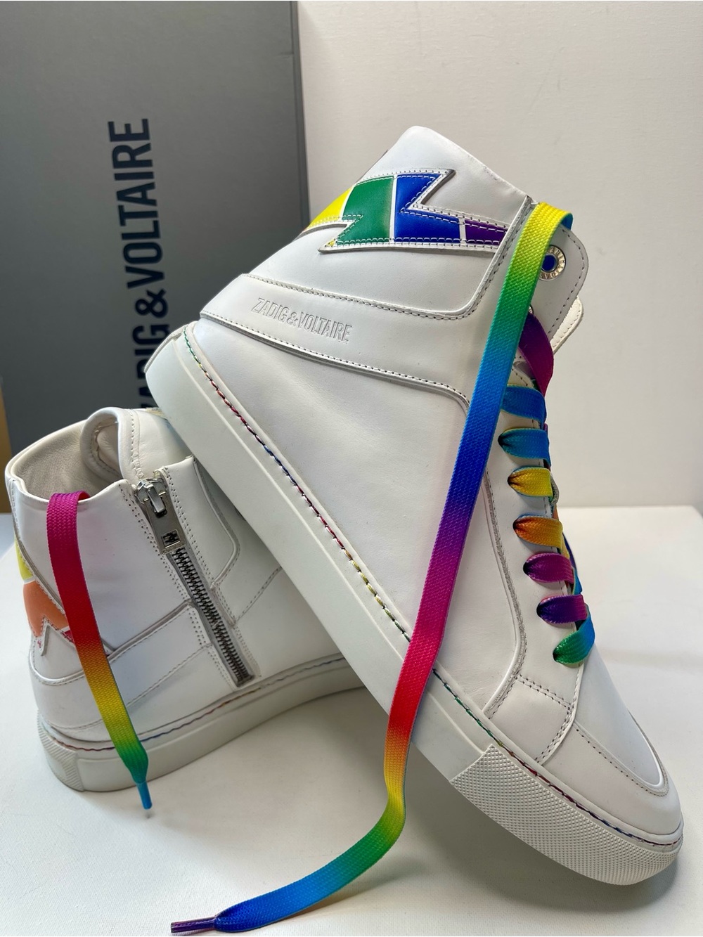 NIB ZADIG & VOLTAIRE ZV1747 HIGH FLASH PRIDE 100% LEATHER SNEAKERS UNISEX EU 43 - Picture 1 of 17